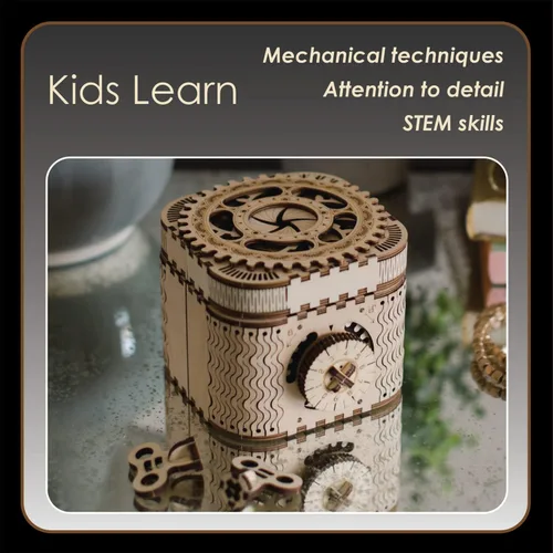 Miniatura 4 de MindWare Gearjits: Treasure Box - Rompecabezas de construcción 3D de madera de 158 piezas para adolescentes y adultos - Modelo de construcción