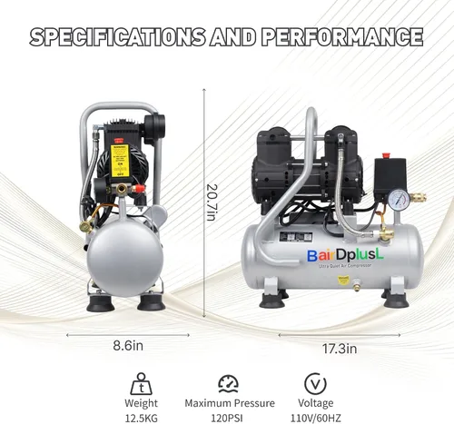Miniatura 3 de BairDplusL - Compresor de aire ultra silencioso de 3.2 galones, 110 V/60 Hz, 1.5 HP 8.8CFM, tanques de acero MAX 115PSI, sin aceite, 70 dB, nivel