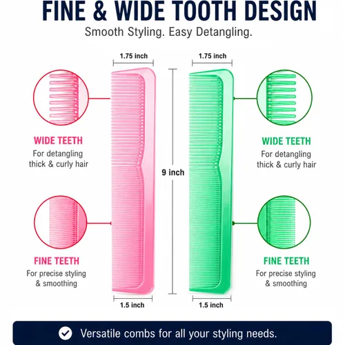 Miniatura 3 de Juego de 6 peines profesionales de 9 pulgadas con dientes finos y anchos, peine de peluquería duradero para hombres y mujeres, desenredante, corte