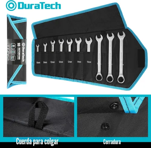 Miniatura 5 de DURATECH - Juego de 10 llaves inglesas ajustables combinadas, métricas, de 6 a 18 mm, de acero al cromo vanadio, con bolsa de transporte