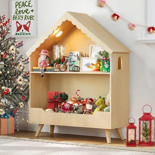 Miniatura 2 de Curipeer Estantería para casa de muñecas para niños, estantería de madera con luz activada por movimiento, organizador abierto de 2 niveles