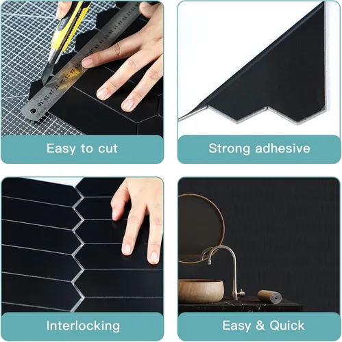 Miniatura 4 de Azulejo negro para salpicaduras de piquete, aspecto de cerámica, largo hexágono autoadhesivo para pared de cocina y baño, paquete de 6