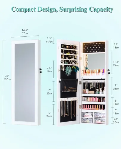 Miniatura 19 de LUXFURNI Espejo con luces LED, armario de joyería montado en la pared o para colgar en la puerta, espejo de longitud completa de 42 pulgadas