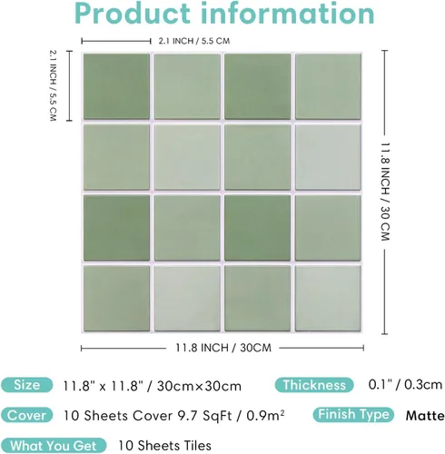 Miniatura 6 de Commomy 10 azulejos 3D mate para despegar y pegar de 11.8 x 11.8 pulgadas, ultraligero de PVC, cuadrado, despegar y pegar para cocina, azulejos