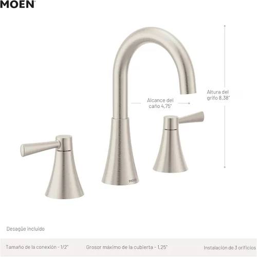 Miniatura 2 de Moen Ronan Grifo de baño moderno extendido de dos manijas negro mate, válvula incluida, 84023BL