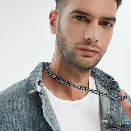 Miniatura 6 de YAMI Cadena de eslabones cubanos para hombre, azul/negro/oro de 14 quilates, acero inoxidable de 0.394-0.472 in de grosor, collar de cadena