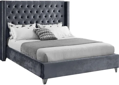 Miniatura 12 de Meridian Furniture – Cama con respaldo de terciopelo abotonado, Aiden-Q-Aiden, con recortes cromados con forma de cabezal de clavos y patas Gris