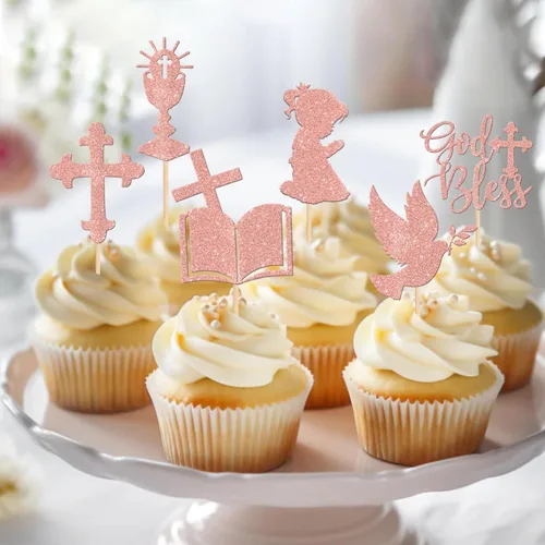 Miniatura 3 de 24 piezas de decoración para cupcakes con purpurina y paloma para magdalenas, para primera comunión, tema de bautismo cristiano, baby shower, fiesta