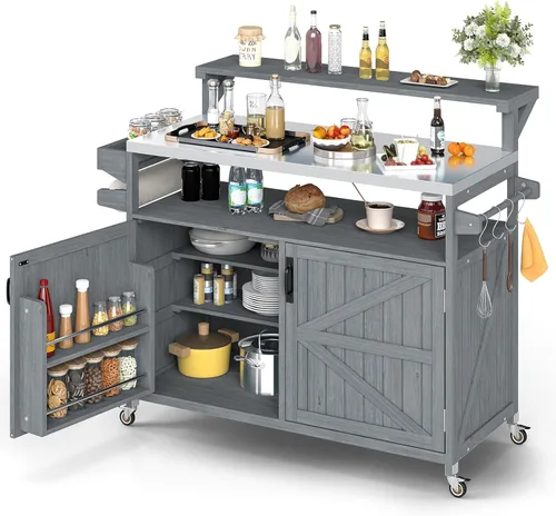 Miniatura 10 de Zevemomo - Carrito de parrilla al aire libre con almacenamiento, mesa de acero inoxidable para isla de cocina al aire libre, gabinete de buffet al