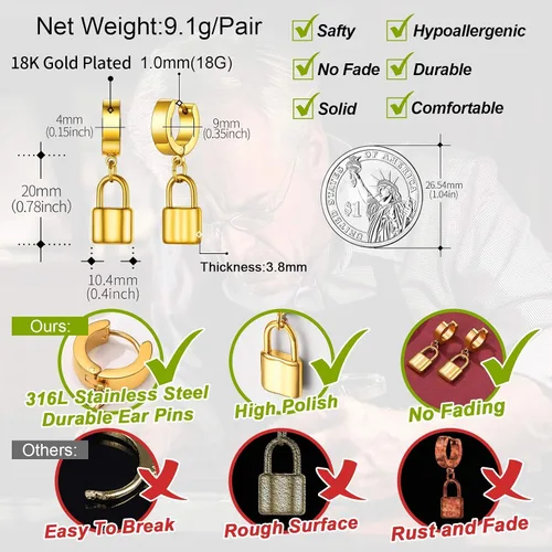 Miniatura 3 de FaithHeart Aretes de aro Huggie para mujer, acero inoxidable, chapado en oro de 18 quilates, aretes colgantes de gota de AnkhCrossCandkBocina