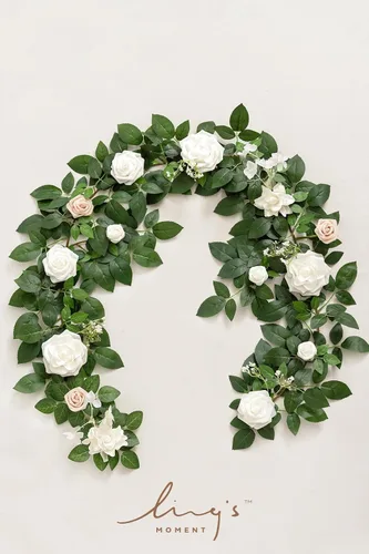 Miniatura 5 de Ling's Moment Guirnalda de Flores Artificiales Blancas de 5 Pies con Rosas Falsas y Hojas Verdes, Guirnalda Floral de Arco de Flores y Enredadera