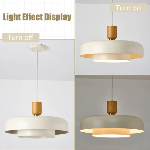 Miniatura 6 de Lámpara Colgante Grande Moderna de 19.68 Pulgadas, 2 Niveles con Pantallas Crema Suaves, Acento de Madera Natural y Latón, Candelabro de Mediados