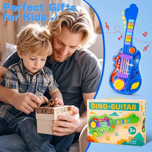 Miniatura 7 de Guitarra de dinosaurio para niños, instrumentos musicales 2 en 1, para regalos de niños y niñas de 3, 4 y 5 años, guitarra eléctrica para niños