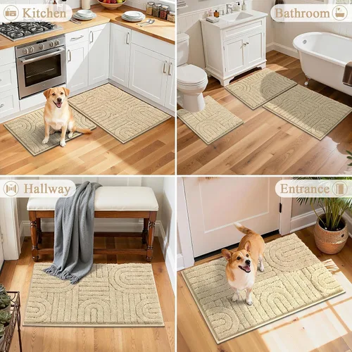 Miniatura 5 de Vaukki Juego de alfombras de baño de 3 piezas, color beige, lavables, antideslizantes, suaves, para ducha y bañera, alfombra de microfibra