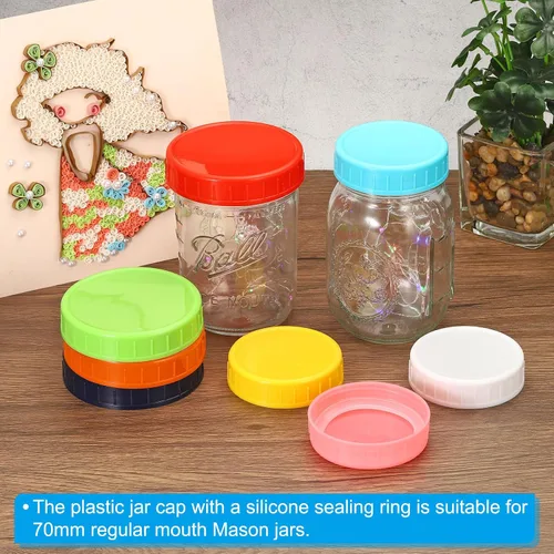 Miniatura 5 de PATIKIL Tapas de plástico de boca regular para tarros de 2.77 pulgadas, 1 juego/6 tapas para tarros de conservas con anillo de sellado de silicona