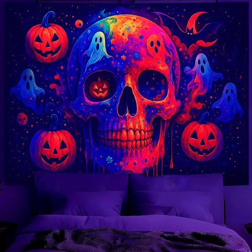 Miniatura 19 de BVBOX Tapiz de Halloween con luz negra, reactivo a los rayos UV que brilla en la oscuridad, póster de tapiz trippy con luz negra para sala de estar