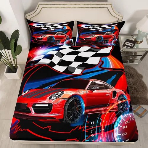 Miniatura 5 de Juego de sábanas bajeras para niños de Red Race Car tamaño individual, juego de ropa de cama con bandera de carreras de deportes extremos