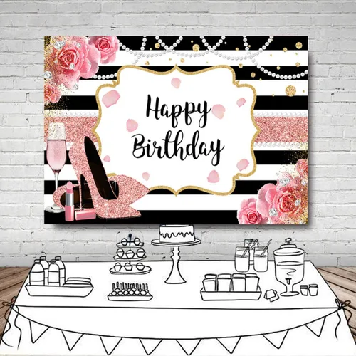 Miniatura 3 de Sensfun Cartel de fondo de feliz cumpleaños floral rosa de 7 x 5 pies para mujer, fondo de fotografía de tacón alto dorado rosa con purpurina