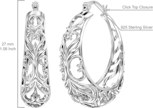 Miniatura 5 de LeCalla Aretes de aro gruesos de plata de ley 925 Aros de malla de filigrana con forma de corazón para mujer