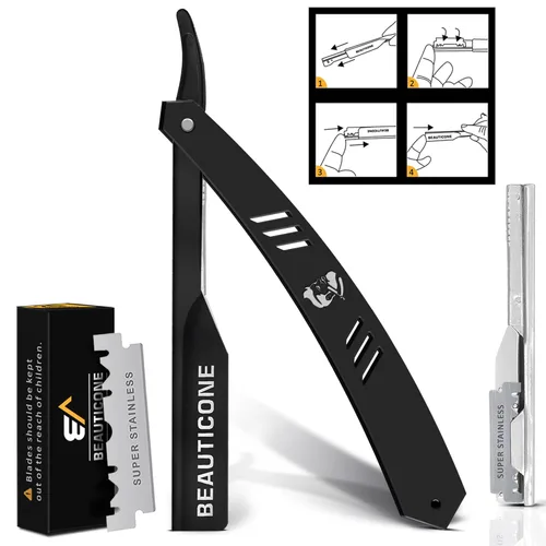 BEAUTICONE Maquinillas de afeitar rectas para hombres, maquinilla de afeitar de borde recto, cuchillas de repuesto de un solo filo, acero