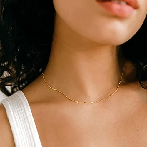 Miniatura 3 de Aisansty Gargantilla en capas con dije de barra de disco, hecha a mano, chapado en oro de 14 quilates, delicado collar de perlas satélite, collar