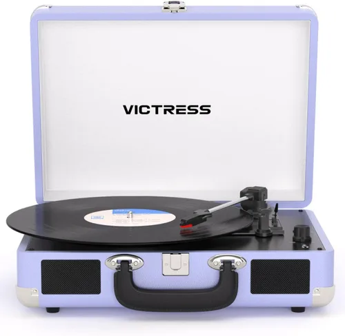 Miniatura 14 de Tocadiscos de vinilo con entrada y salida Bluetooth, tocadiscos portátil vintage de maleta, tocadiscos LP de 3 velocidades con conversión de vinilo
