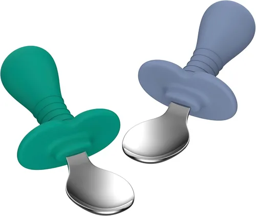 2 cucharas para bebé, cucharas para niños pequeños para autoalimentarse, cucharas para niños con mango redondo de silicona, utensilios de acero