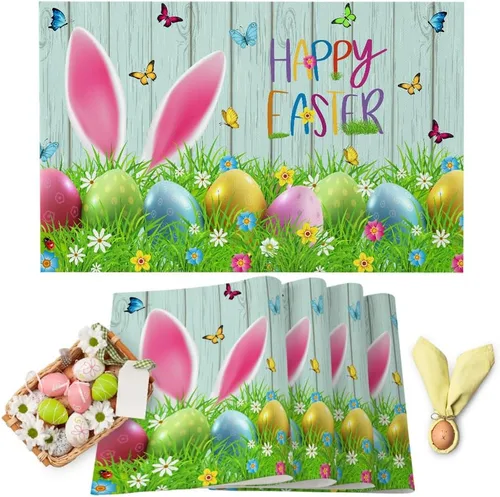 Miniatura 20 de Juego de 4 manteles individuales con diseño floral de conejo de Pascua, manteles individuales lavables para cocina, mesa de comedor, manteles
