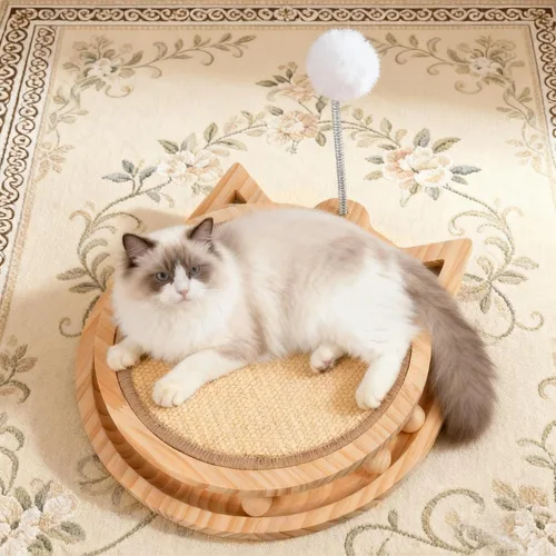 Miniatura 9 de Torre de árbol de madera 5 en 1 para gatos, torre de sisal natural de 16.5 pulgadas de alto con cama, juguete interactivo de plumas para gatos