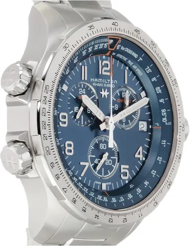 Miniatura 4 de Hamilton Khaki Aviation X-Wind GMT Reloj de cuarzo suizo con cronógrafo de 1.811in, esfera azul, pulsera de acero inoxidable plateada