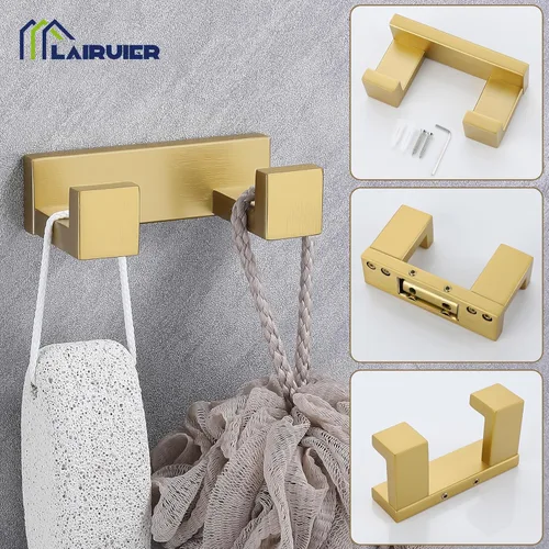 Miniatura 2 de Juego de 3 piezas de accesorios de baño de oro cepillado, juego de toallero de acero inoxidable SUS304, soporte para toallas, gancho para bata