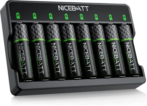NICEBATT Baterías AA recargables con cargador, 2800 mAh de alta capacidad baja autodescarga Ni-MH doble A, paquete de 8
