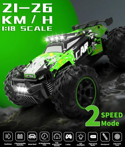 Miniatura 4 de Carox Auto de Control Remoto, Coche RC de Alta Velocidad de 2.4GHz 26KM/H, Camión Monster Todo Terreno 1:18 con Luces LED, Acelerador Proporcional