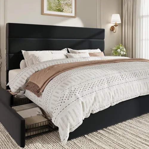Miniatura 13 de SHA CERLIN Base de cama de plataforma de tamaño matrimonial con 4 cajones de almacenamiento, cabecera tapizada de terciopelo, base de colchón