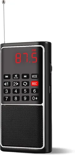 Leting Radio portátil con altavoz MP3, radios FM portátil, soporte de radio FM, tarjeta TF/USB/grabación de música, mini radio con batería Negro