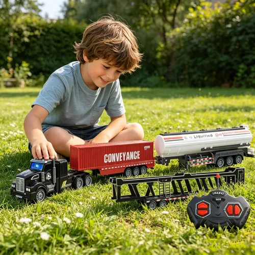 Miniatura 4 de Juego de juguetes de camión RC 3 en 1, incluye transportadores de automóviles, camiones cisterna y camiones contenedores, camión de juguete de Negro