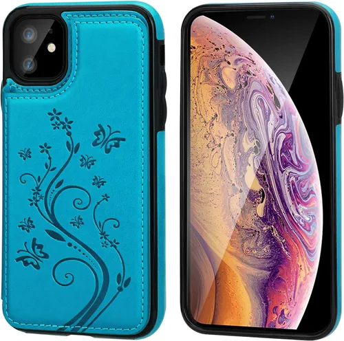 Miniatura 2 de Vaburs Funda compatible con iPhone 11 con tarjetero y diseño de mariposa en relieve, piel sintética de alta calidad, doble botones magnéticos, a Azul