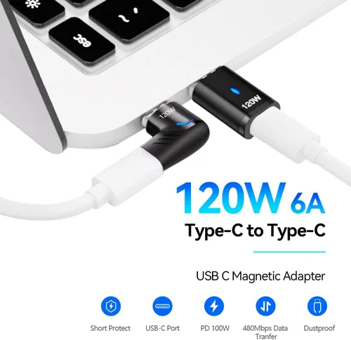 Miniatura 2 de Adaptador magnético USB C Ángel derecho + USB magnético tipo C recto 5 pines, compatible con PD 120 W carga rápida, transferencia de datos de 480
