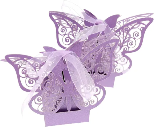 Miniatura 5 de Auto-plaza 50 cajas de regalo de mariposa cortadas con láser, cajas de dulces con cintas (beige)