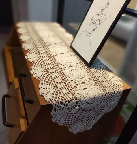 Miniatura 9 de Pasillos de mesa de algodón de ganchillo hechos a mano, color beige, bufandas ovaladas, 11.8 x 35 pulgadas.