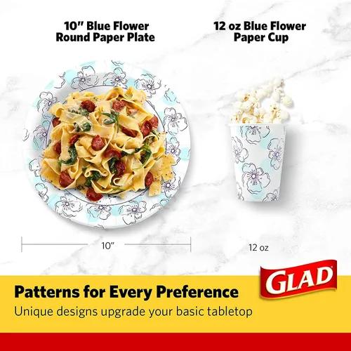 Miniatura 6 de Glad Platos redondos de papel con diseño de flores azules, resistentes, resistentes a los cortes, aptos para microondas, 10 pulgadas, 50