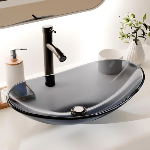 Miniatura 12 de Lavabo de Recipiente Lavabos de Baño Vidrio Templado Azul Cuenca de Arte 20.8"x13.7" Cuenco Ovalado Sobre Encimera con Grifo y Desagüe Pop-Up Combo