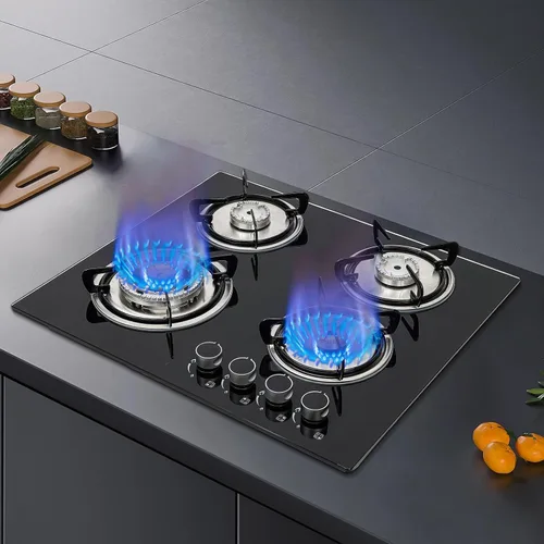 Miniatura 2 de Estufa de gas de 23 pulgadas, placa de cocina de gas incorporada de 4 quemadores con encendedor enchufable, vidrio templado negro, doble quemador