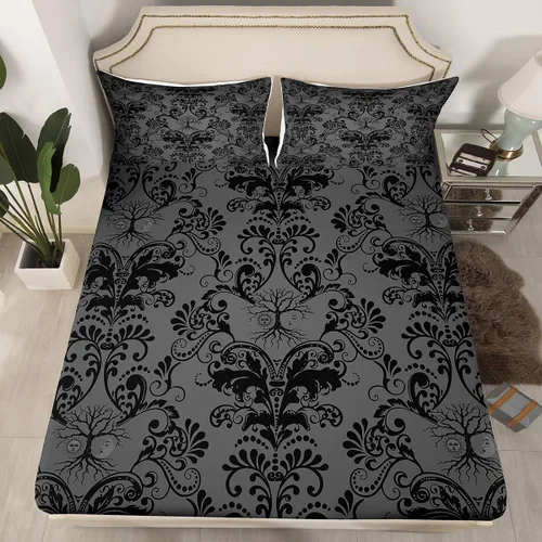 Miniatura 36 de Sábanas de cama góticas de damasco para adultos, sábana bajera ajustable victoriana antigua, sábanas góticas florales vintage, juego de ropa de cama
