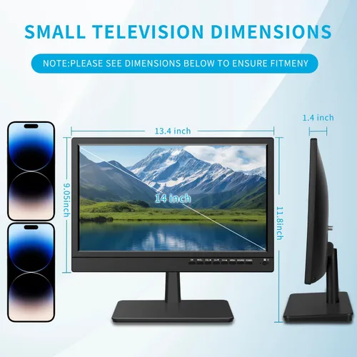 Miniatura 2 de Feihe TV de cocina pequeña de 14 pulgadas: sintonizador digital ATSC, puertos HDMI/USB/TF/auriculares, control remoto para cocina/dormitorio/RV