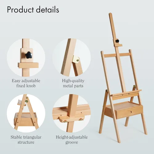 Miniatura 4 de ARTIFY Caballete de estudio grande de madera con marco en H con cajón de almacenamiento y estante para artistas, soporte de lona de madera de haya