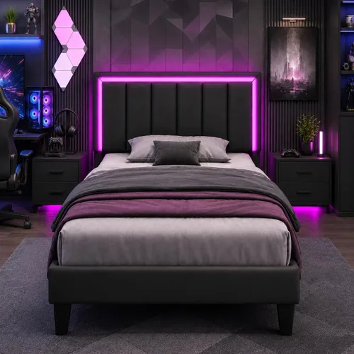 Miniatura 10 de IMMERSTABLE Marco de cama tamaño completo, marco de cama tapizado con luces LED, cama de plataforma con cabecero, soporte de listones de madera