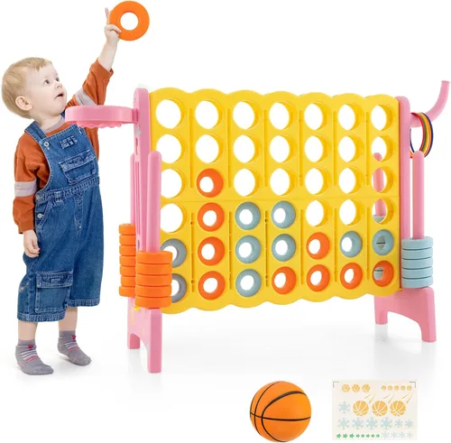 Miniatura 13 de HONEY JOY Juego gigante gigante de 4 a puntuación, 3 en 1 para interiores y exteriores, juego de patio familiar con aro de baloncesto y lanzamiento