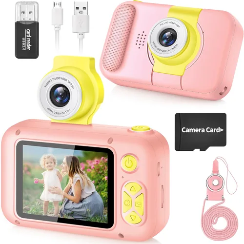 Miniatura 15 de ARNSSIEN Cámara para niños, cámara digital de juguete para niños pequeños con lente abatible de 180°, pantalla IPS de 2.4 pulgadas, tarjeta de 32