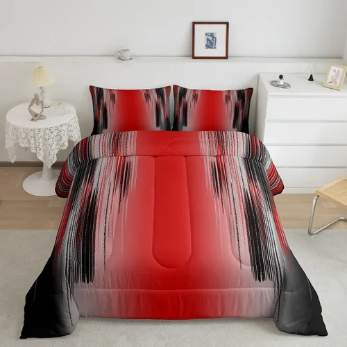 jejeloiu Juego de edredón rojo y negro para niños y niñas, edredón rojo degradado, tamaño individual, geometría desordenada, óxido, juego de ropa de